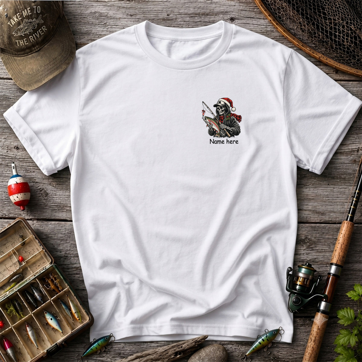 Name Here Personalized Christmas Skeleton Trout Fishing T-Shirt