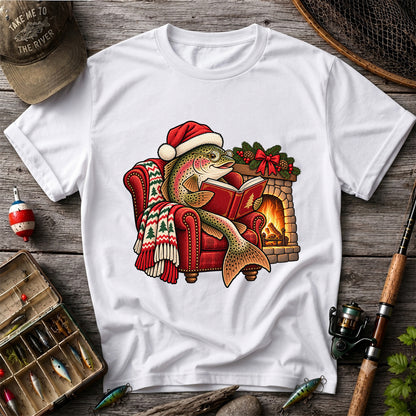 Christmas Trout Reading by the Fireplace Fishing T-Shirt