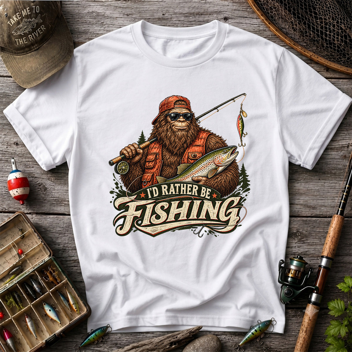 Bigfoot Holding Trout Funny Fishing Graphic T-Shirt