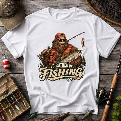 Bigfoot Holding Trout Funny Fishing Graphic T-Shirt