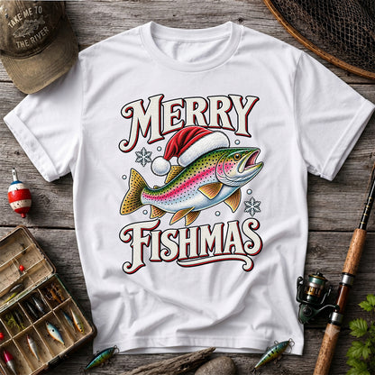 Merry Fishmas Rainbow Trout in a Santa Hat Christmas Fishing T-Shirt
