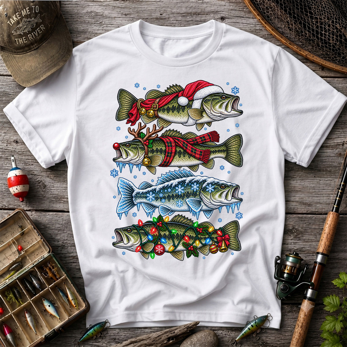 Christmas Bass with Santa Hat and Holiday Lights Fishing T-Shirt