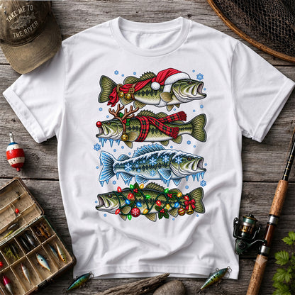 Christmas Bass with Santa Hat and Holiday Lights Fishing T-Shirt