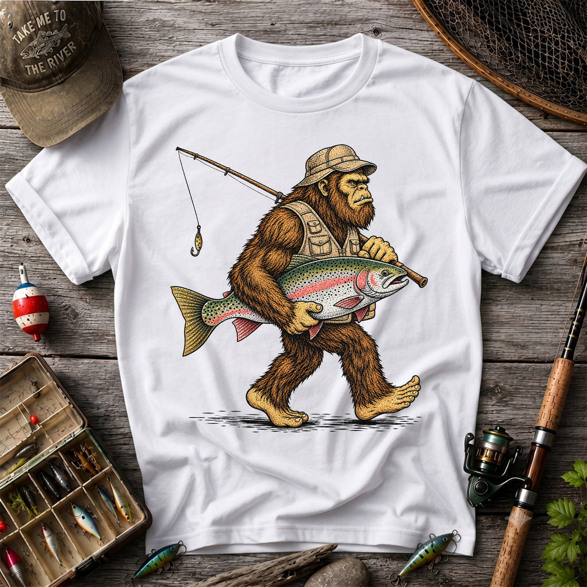 Bigfoot Holding Rainbow Trout Vintage Fishing Graphic T-Shirt