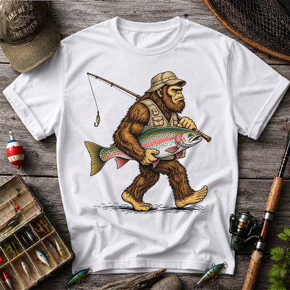 Bigfoot Holding Rainbow Trout Vintage Fishing Graphic T-Shirt