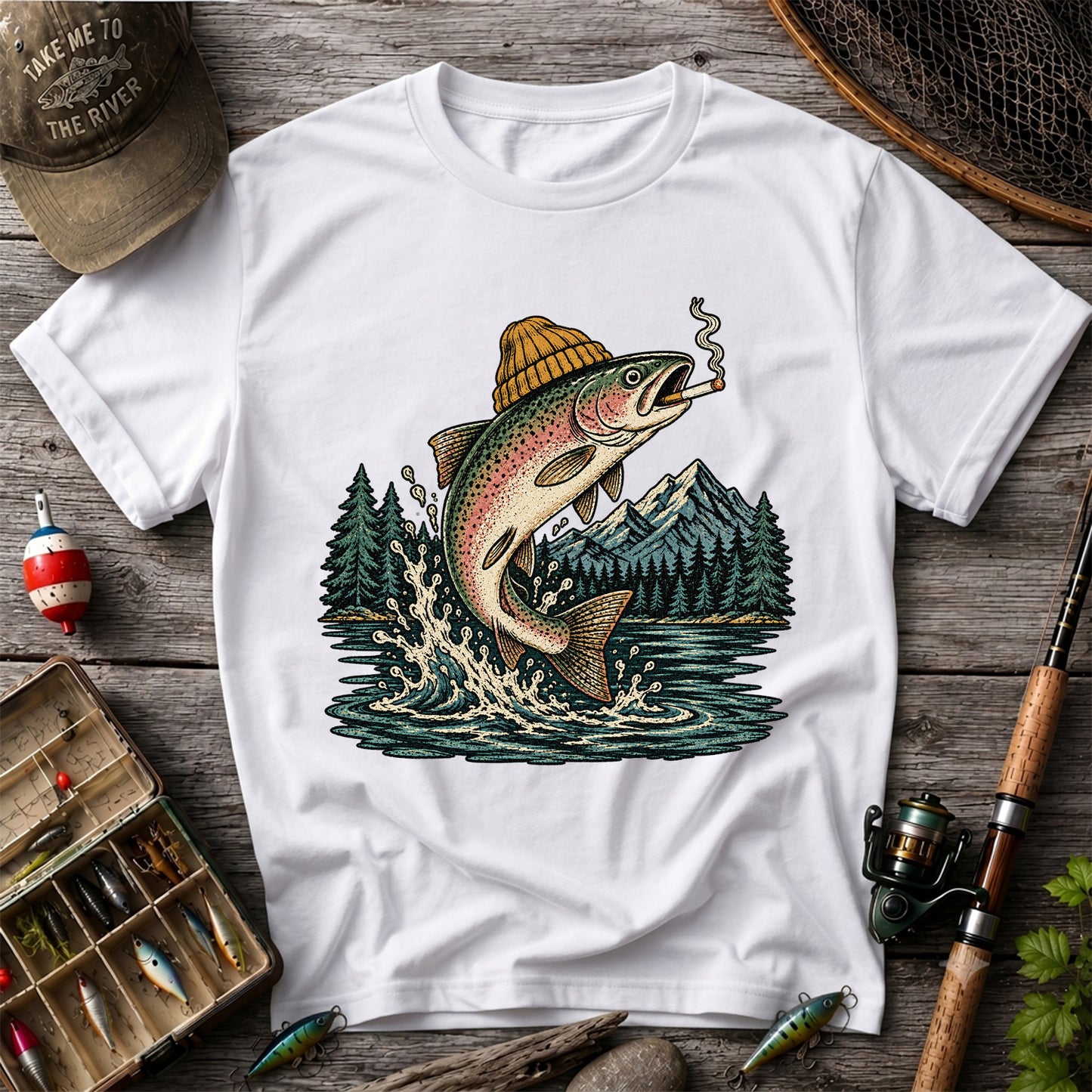 Rainbow Trout in Beanie Smoking and Jumping from Lake Graphic T-Shirt