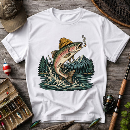 Rainbow Trout in Beanie Smoking and Jumping from Lake Graphic T-Shirt