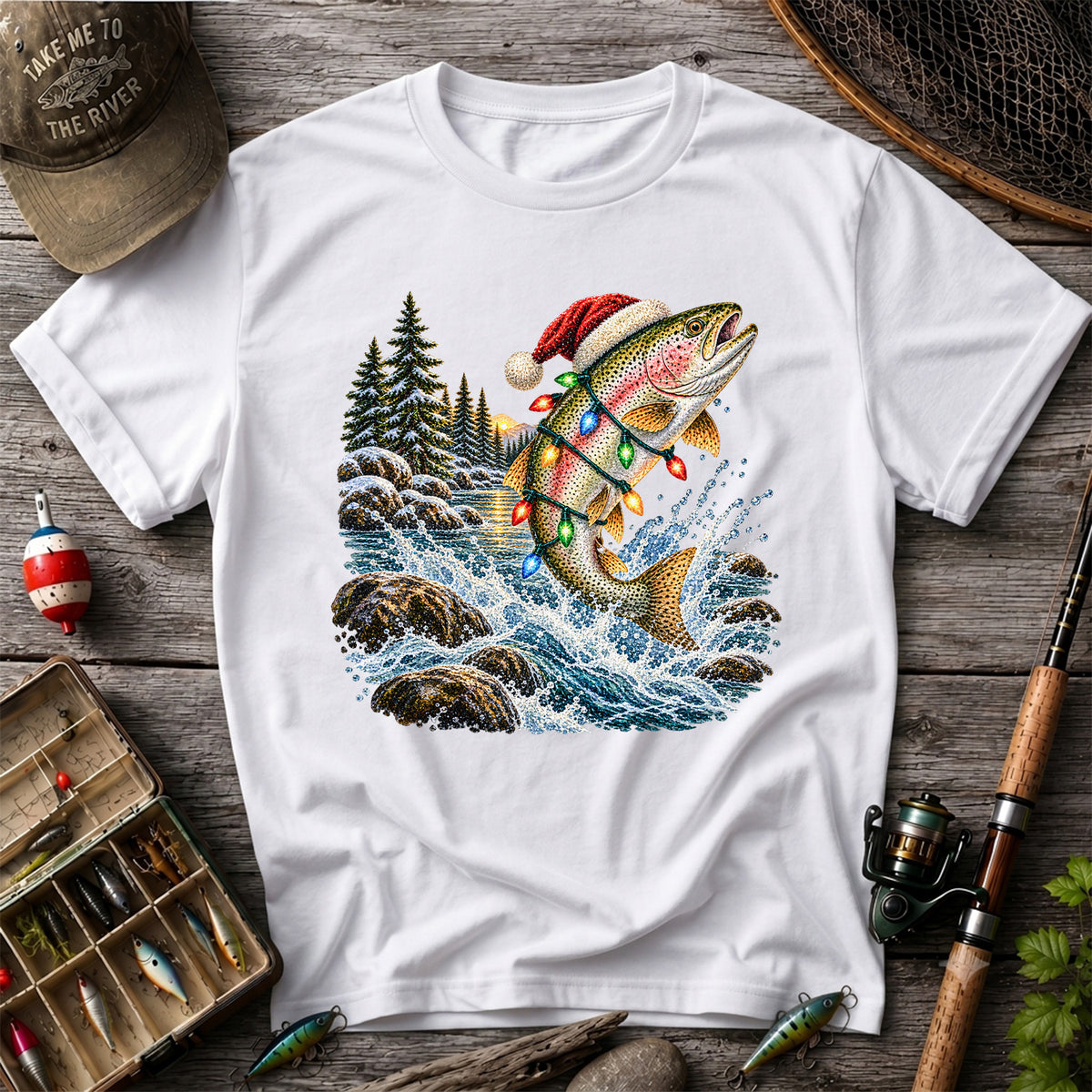 Santa Hat Rainbow Trout Christmas Fishing Graphic T-Shirt