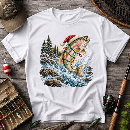 Santa Hat Rainbow Trout Christmas Fishing Graphic T-Shirt