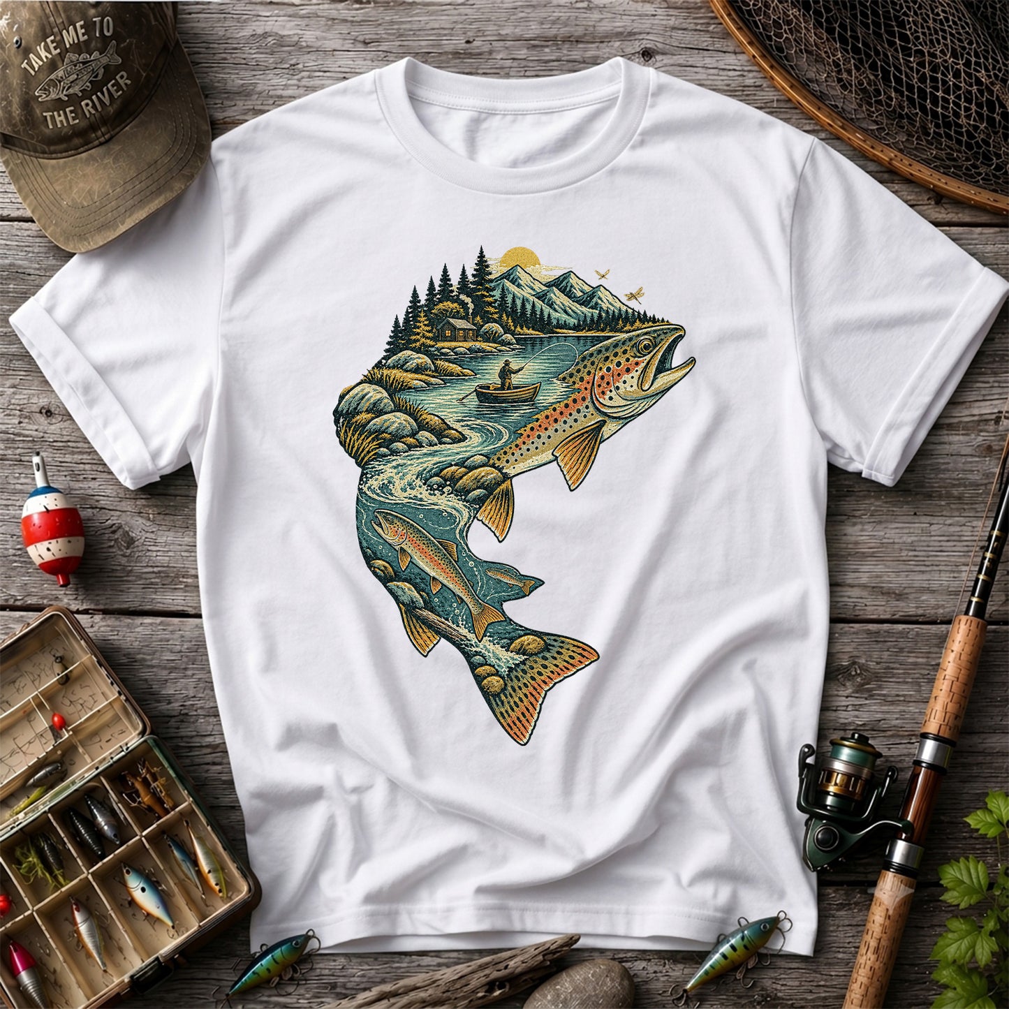 Vintage Brown Trout Mountain River Fly Fishing Graphic T-Shirt