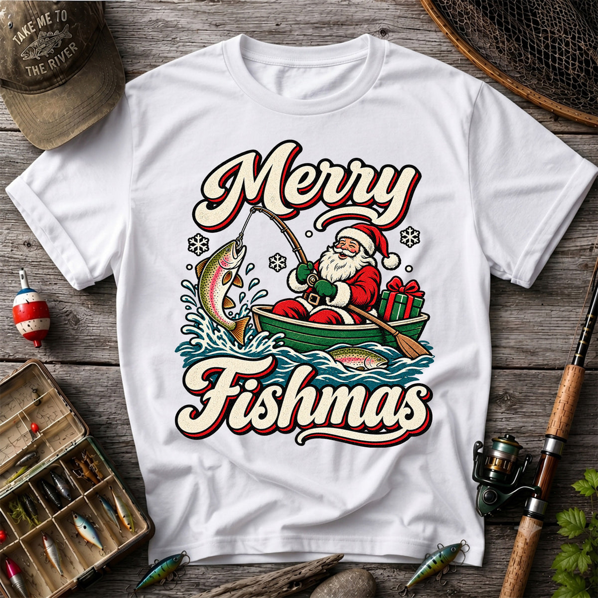 Merry Fishmas Santa Catching Rainbow Trout in a Boat Fishing T-Shirt