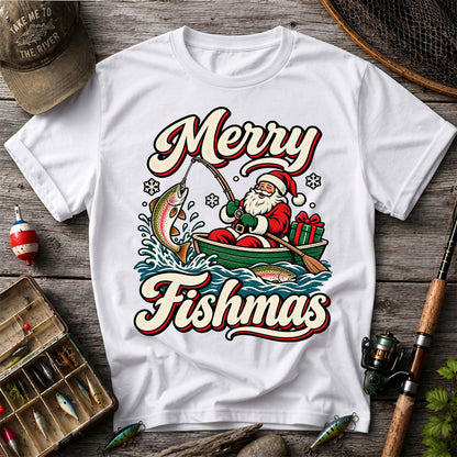 Merry Fishmas Santa Catching Rainbow Trout in a Boat Fishing T-Shirt