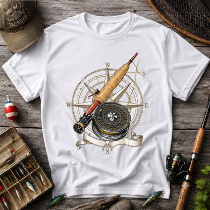 Vintage Fly Fishing Rod Reel and Compass Graphic T-Shirt