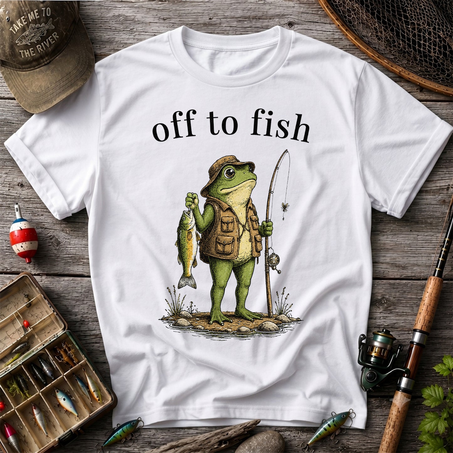 Off To Fish T-Shirt Funny Frog Fishing Shirt Vintage Angler Tee