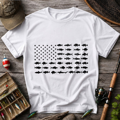 American Flag Made of Fish Silhouettes Fishing Graphic T-Shirt