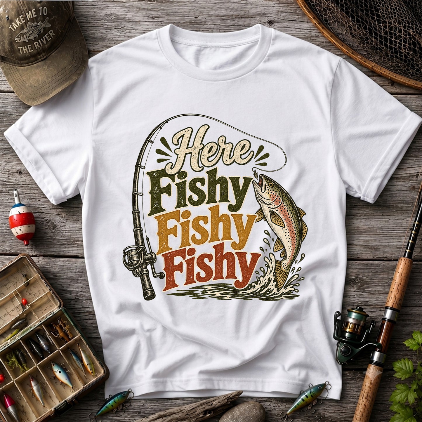 Here Fishy Fishy Fishy Rainbow Trout and Fishing Rod Retro T-Shirt