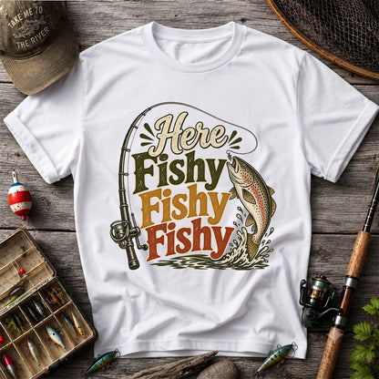Here Fishy Fishy Fishy Rainbow Trout and Fishing Rod Retro T-Shirt