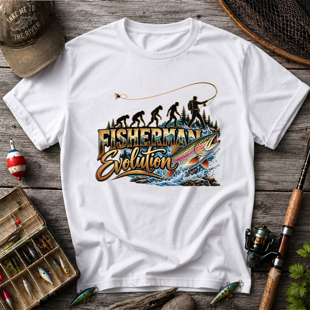 Fisherman Evolution Rainbow Trout Fly Fishing Graphic T-Shirt