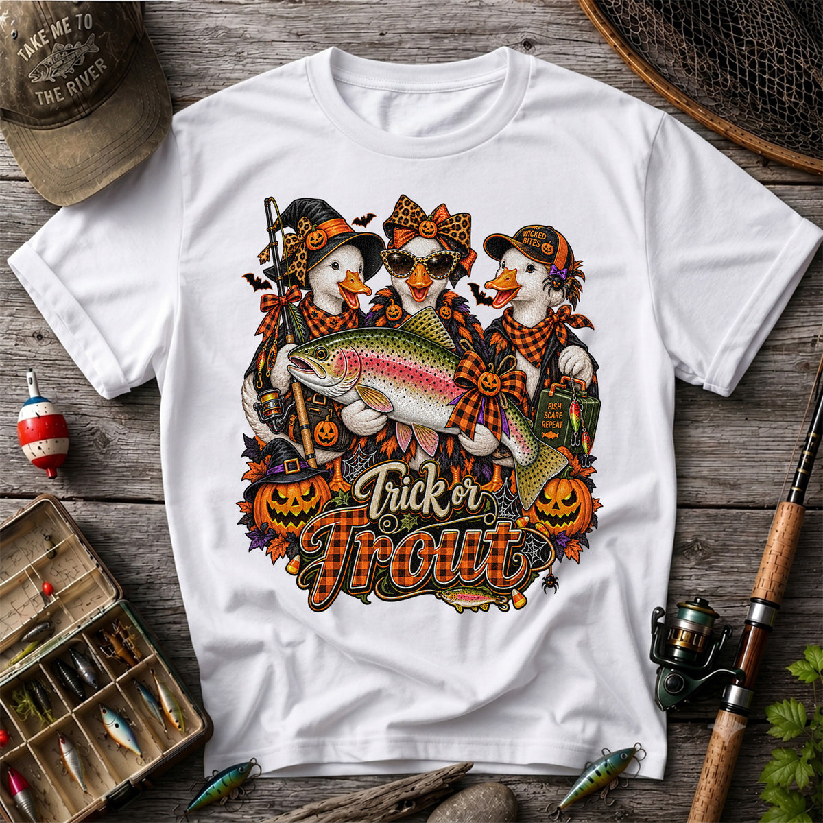 Trick or Trout Halloween Ducks with Rainbow Trout and Pumpkins Fishing T-Shirt