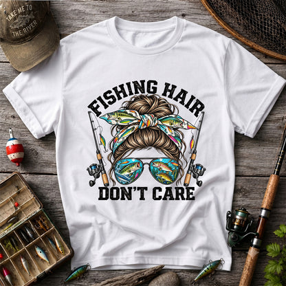 Fishing Hair Don't Care Messy Bun and Sunglasses T-Shirt