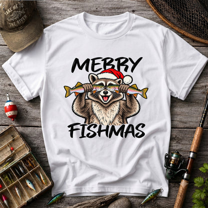 Merry Fishmas Raccoon Rainbow Trout Christmas Fishing T-Shirt