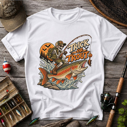 Trick or Trout Halloween Skeleton Angler Fishing T-Shirt