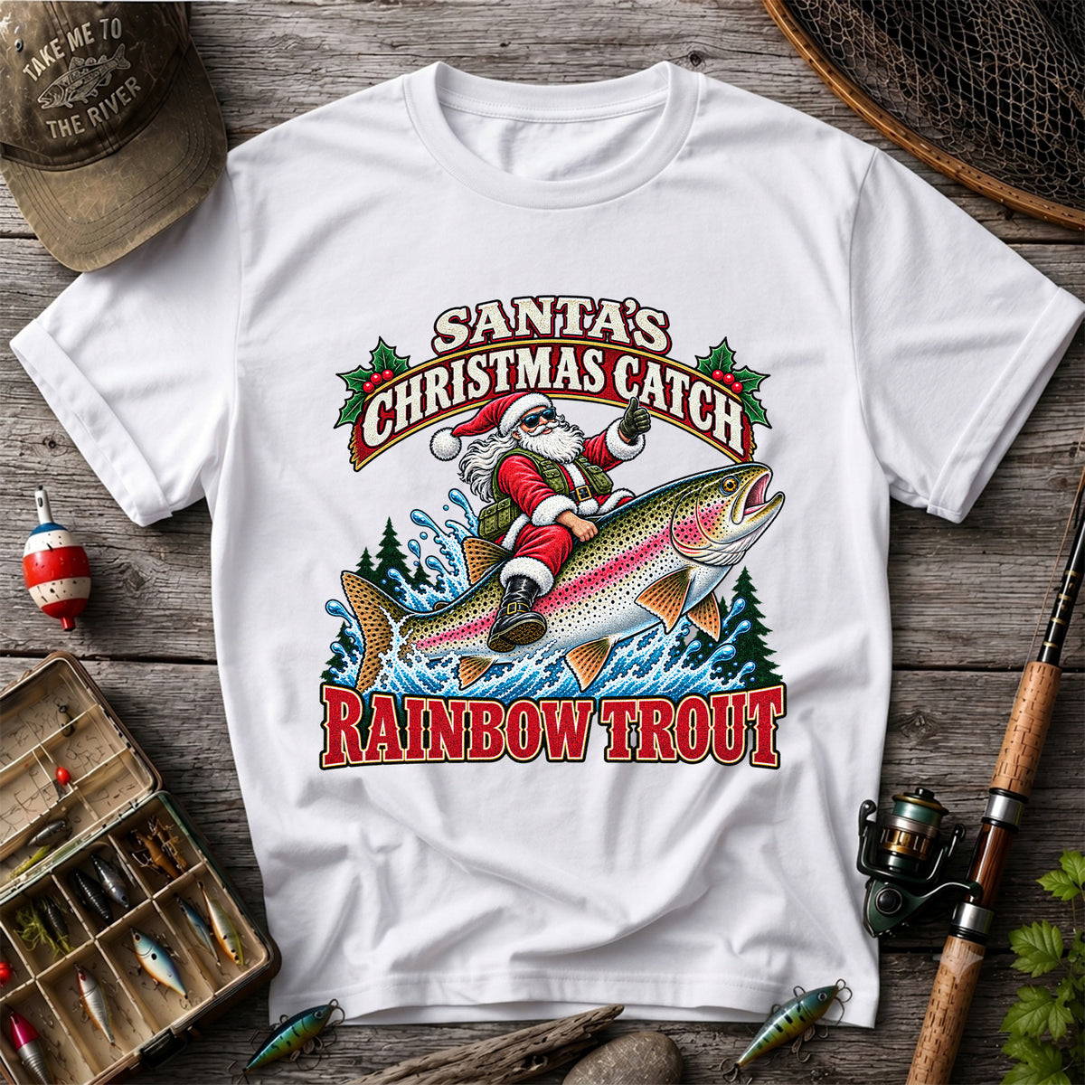 Santa's Christmas Catch Rainbow Trout Fishing T-Shirt