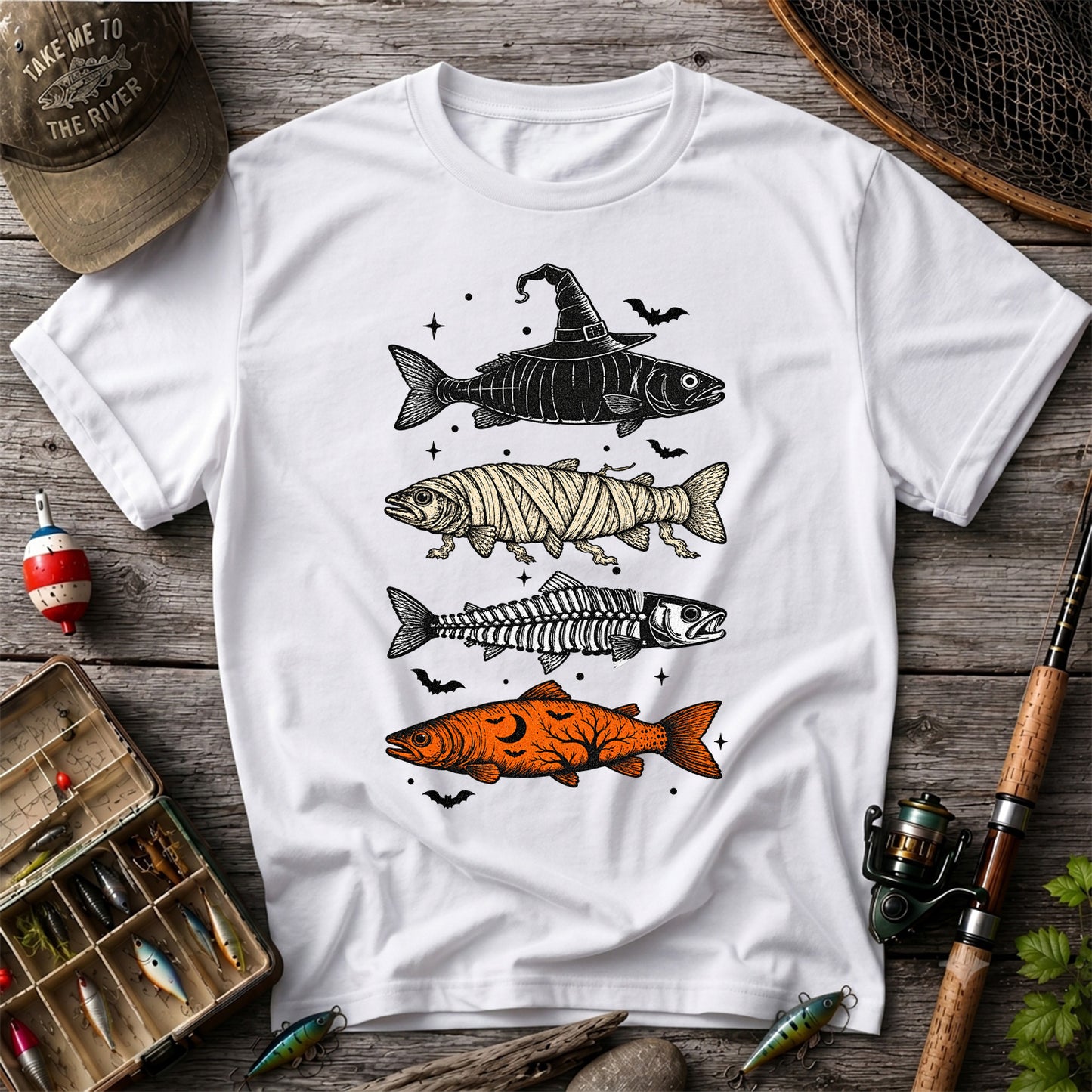 Halloween Witch Mummy Skeleton and Pumpkin Fish Graphic T-Shirt