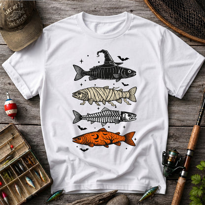 Halloween Witch Mummy Skeleton and Pumpkin Fish Graphic T-Shirt