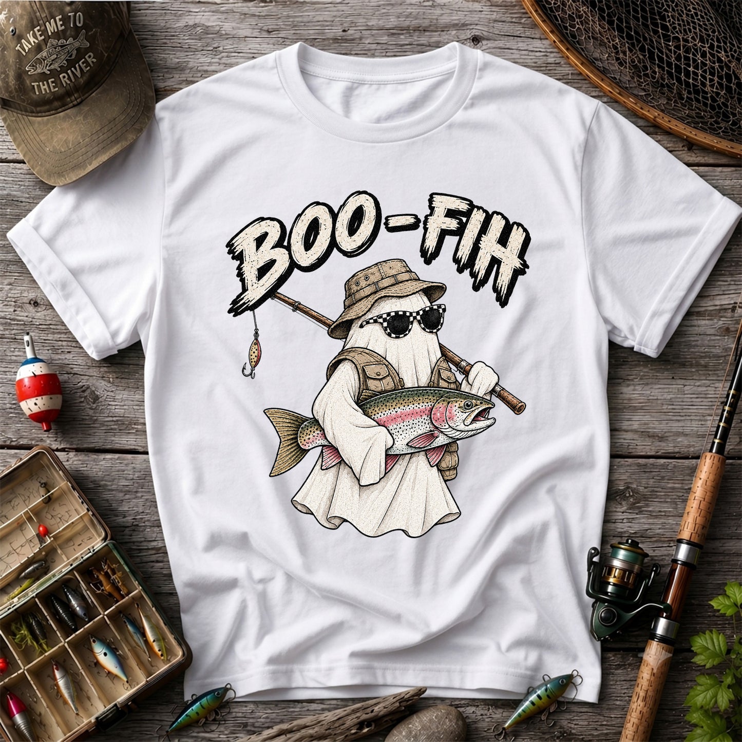 Boo-Fish Ghost Holding Rainbow Trout Fishing Graphic T-Shirt