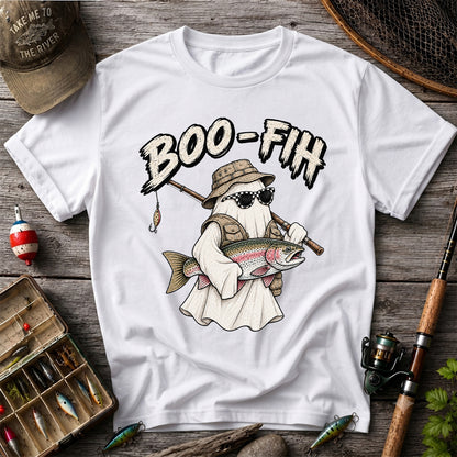 Boo-Fish Ghost Holding Rainbow Trout Fishing Graphic T-Shirt