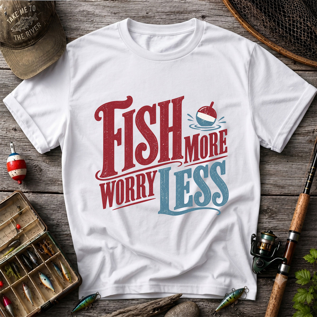 Fish More Worry Less Vintage Bobber Fishing Graphic T-Shirt