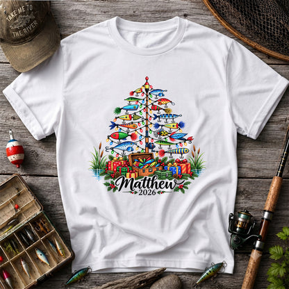 Personalized Christmas Fishing Lure Tree Name Graphic T-Shirt