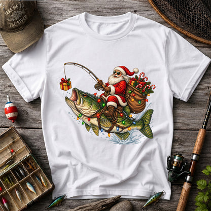 Santa Riding a Largemouth Bass Christmas Fishing Graphic T-Shirt