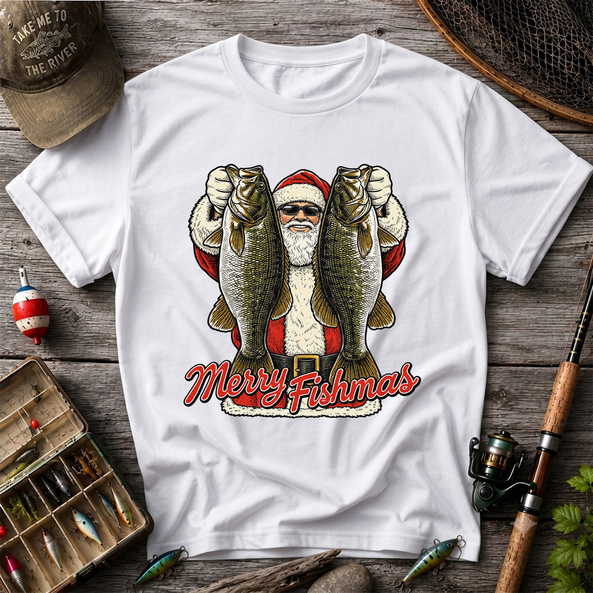 Santa Holding Bass Christmas Fishing Graphic T-Shirt