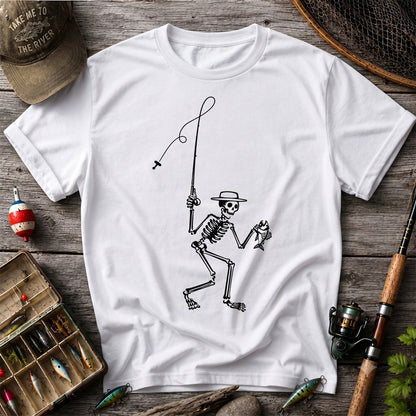 Skeleton Angler Holding a Fish Line Art Fishing T-Shirt