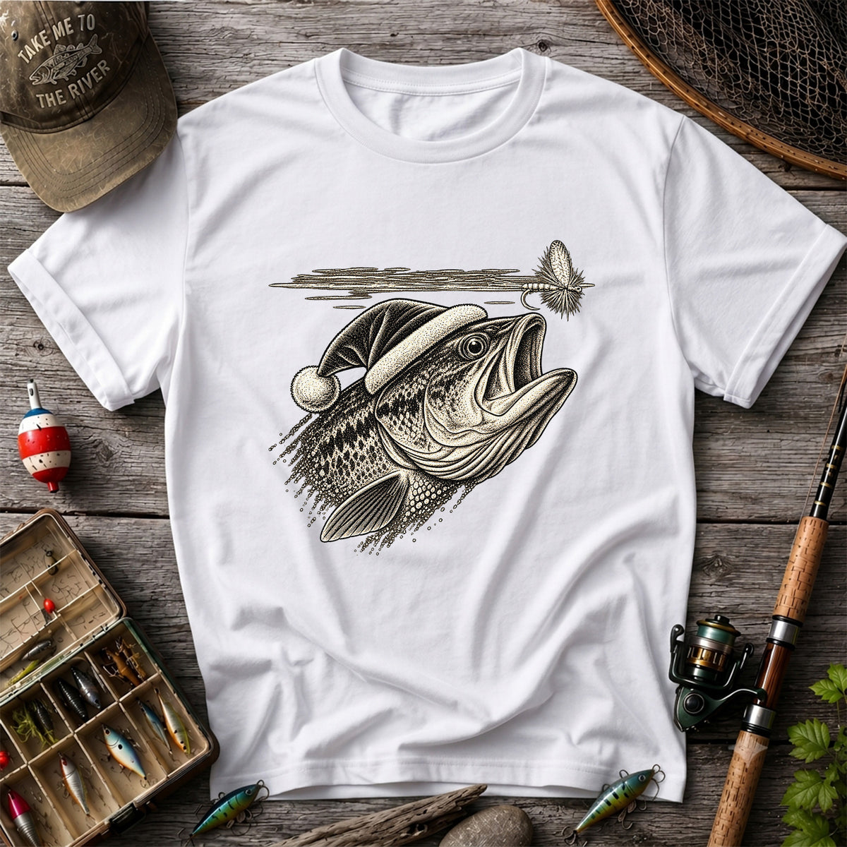 Santa Hat Bass Chasing a Fishing Fly Graphic T-Shirt