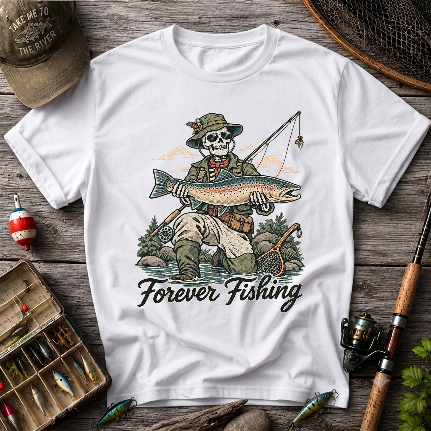 Forever Fishing Skeleton Angler Holding Rainbow Trout Graphic T-Shirt