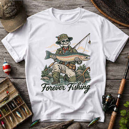 Forever Fishing Skeleton Angler Holding Rainbow Trout Graphic T-Shirt