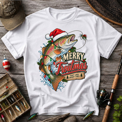 Merry Troutmas Tight Lines Bright Times Santa Hat Rainbow Trout Fishing T-Shirt