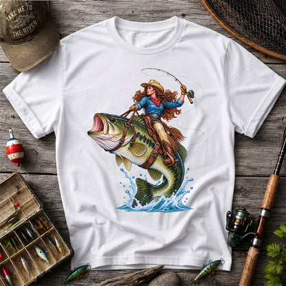 Cowgirl Riding a Largemouth Bass Fishing Graphic T-Shirt