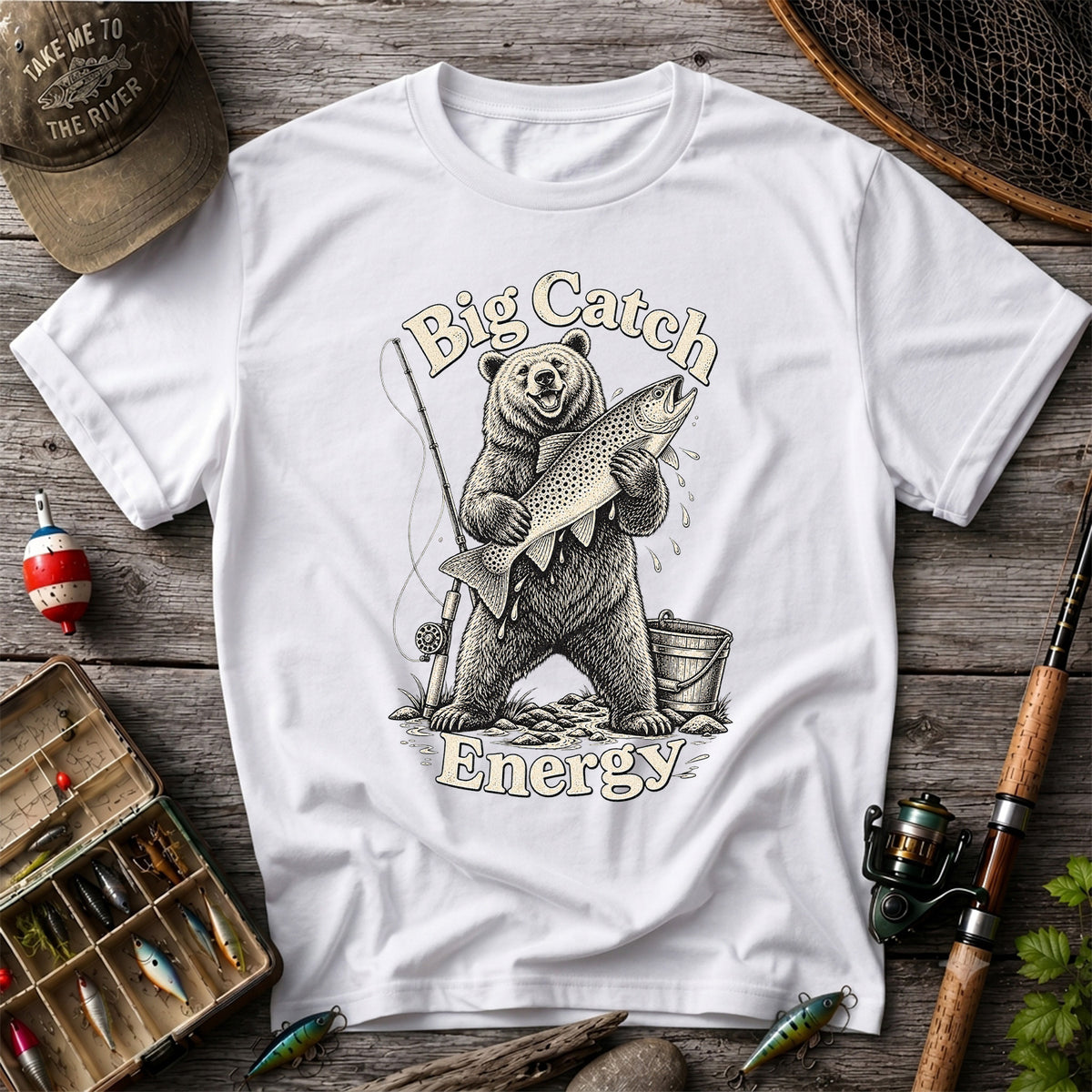 Big Catch Energy Bear and Trout Fishing T-Shirt