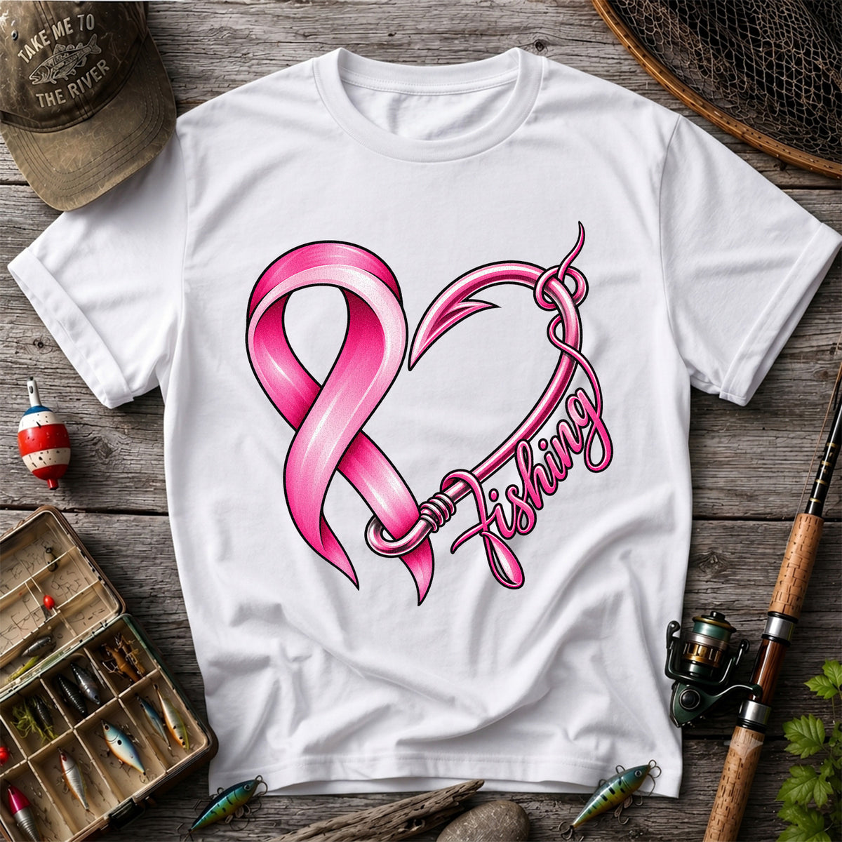 Pink Ribbon Heart Fish Hook Fishing Graphic T-Shirt
