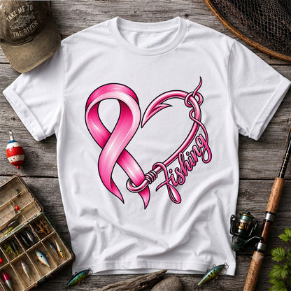 Pink Ribbon Heart Fish Hook Fishing Graphic T-Shirt