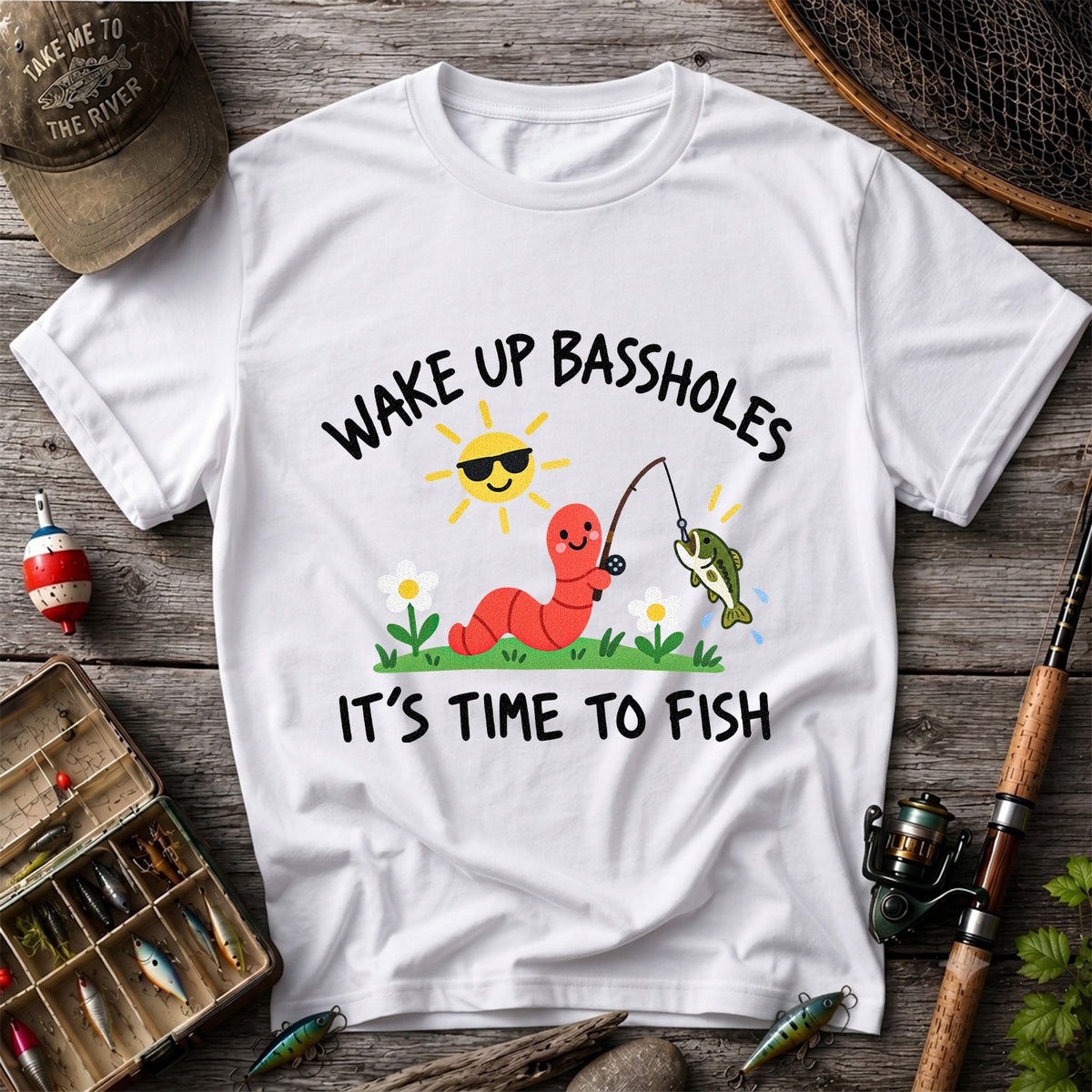 Wake Up Bassholes Funny Worm and Bass Fishing Graphic T-Shirt