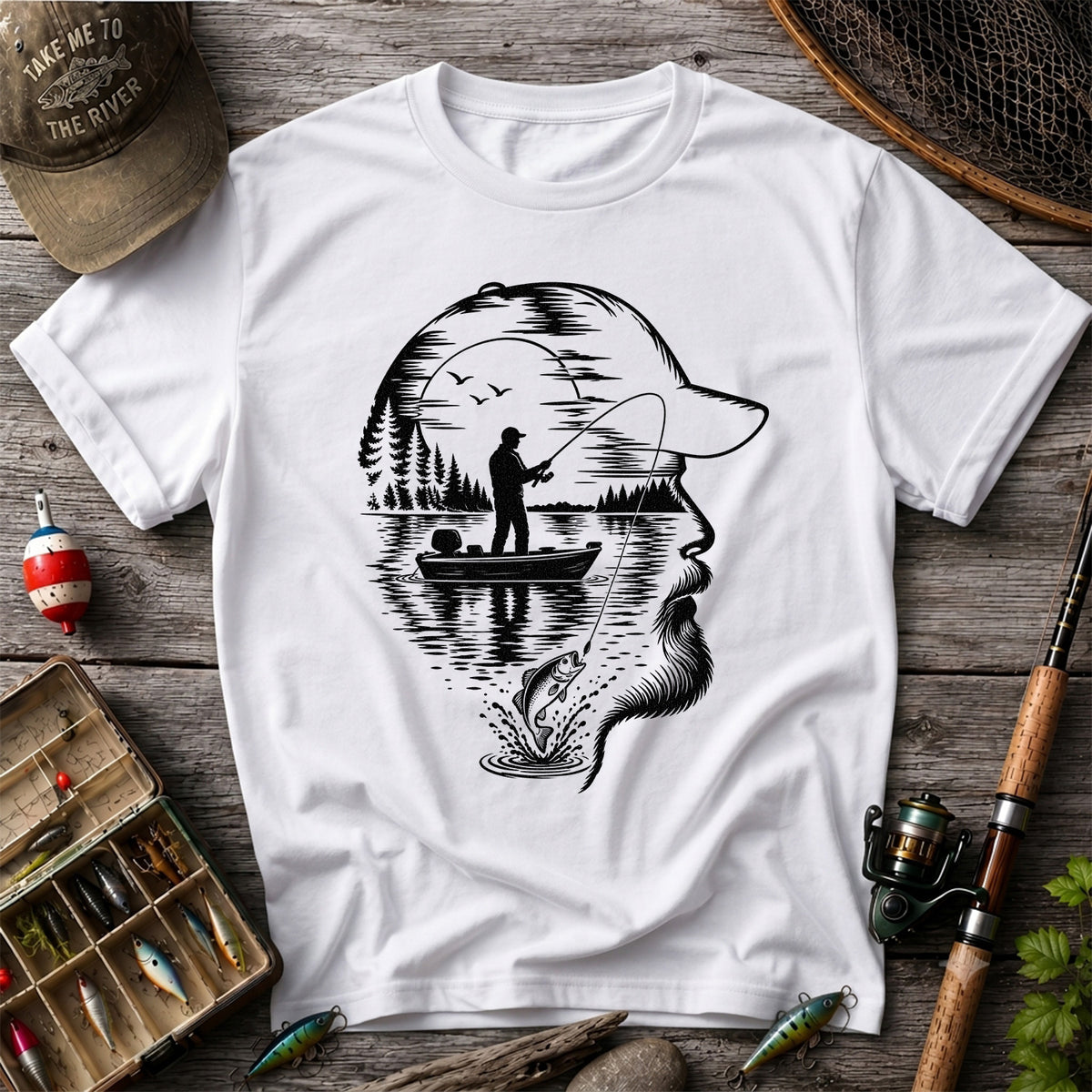 Bearded Angler Silhouette with Lake Fishing Scene Graphic T-Shirt