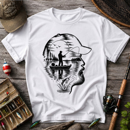 Bearded Angler Silhouette with Lake Fishing Scene Graphic T-Shirt