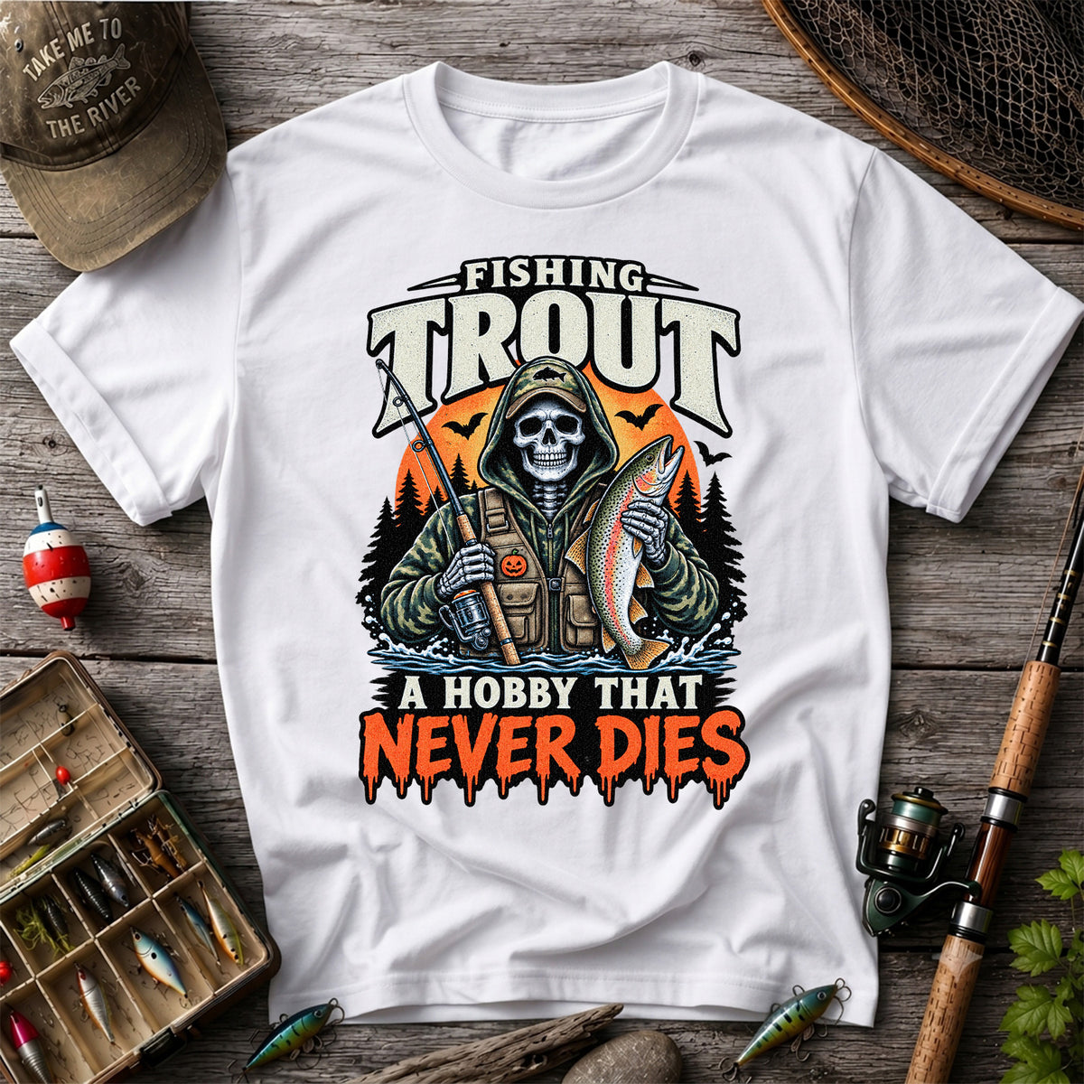 Fishing Trout A Hobby That Never Dies Skeleton Halloween T-Shirt