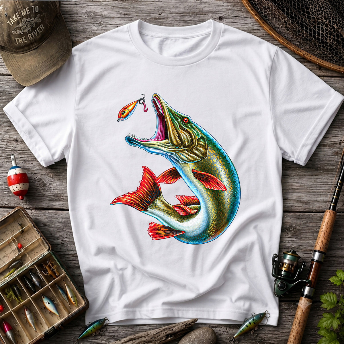 Northern Pike Chasing Fishing Lure Graphic T-Shirt