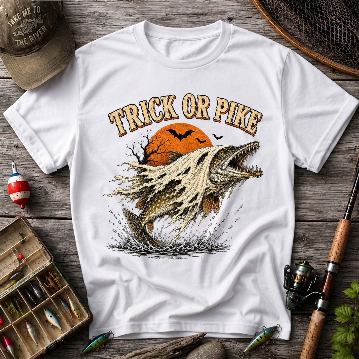 Trick or Pike Halloween Fishing T-Shirt, Vintage Trout Angler Tee